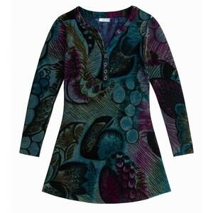 NEW KAMANA women's 1/4 button long sleeve tunic in black/ purple